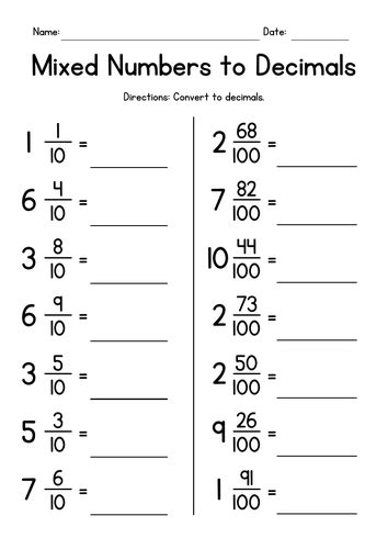 Converting Mixed Numbers To Decimals Worksheets Teaching Resources