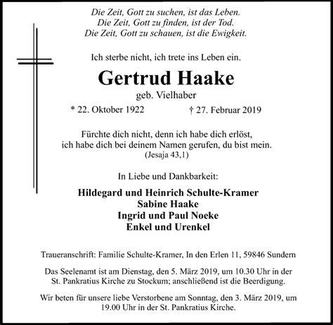 Traueranzeigen Von Gertrud Haake Trauer In NRW De