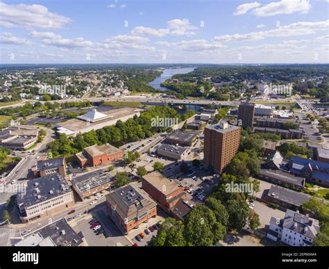 Pawtucket historic city center and Blackstone River aerial view ...