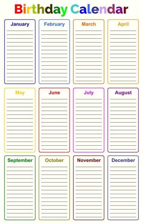 Printable Birthday Chart - Printable JD