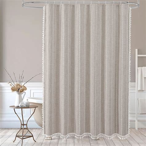 Mitovilla Boho Extra Long Shower Curtain 72 X 84 Tan 84 Inch Xl Cotton Linen Tassel Fabric