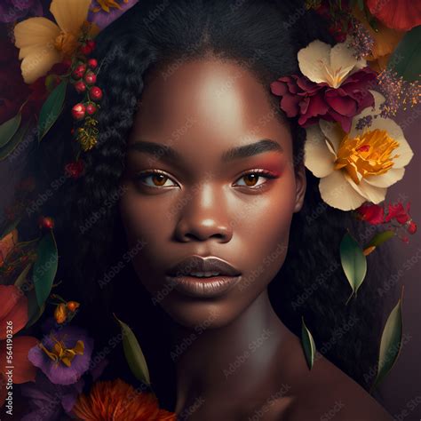 Portrait Of Sensual African American Woman With Flowers In Hair AI