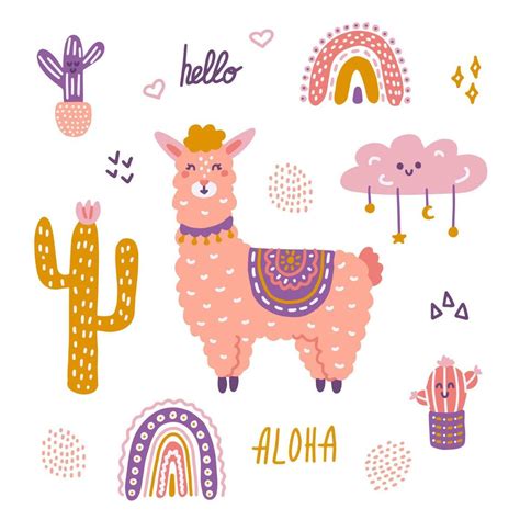 Conjunto Vectorial Con Linda Llama Cactus Y Otros Elementos