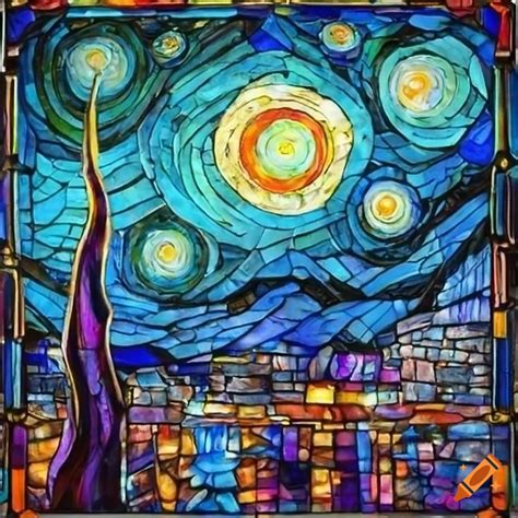 Vibrant Stained Glass Depicting Starry Night