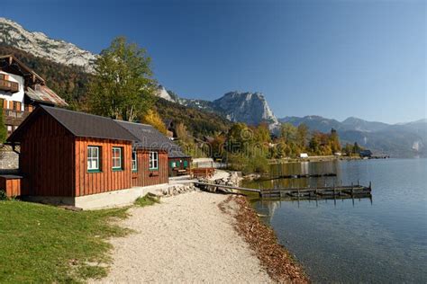 View of the Lake Grundlsee in the Early Autumn Morning. Village ...