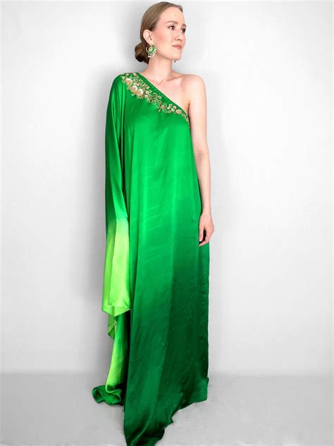 Silk Kaftan Ombre Dress Custom One Shoulder Satin Gown Green Etsy