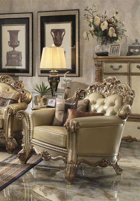 Bone Pu Gold Patina Sofa Set Pcs Vendome Acme Traditional