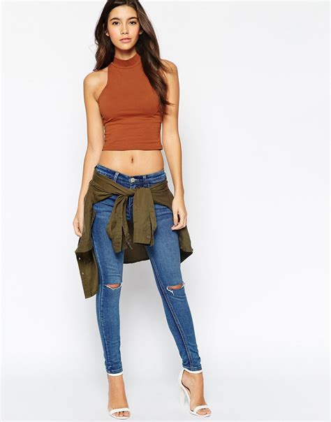 Asos Sleeveless Crop Top With Turtleneck In Brown Lyst