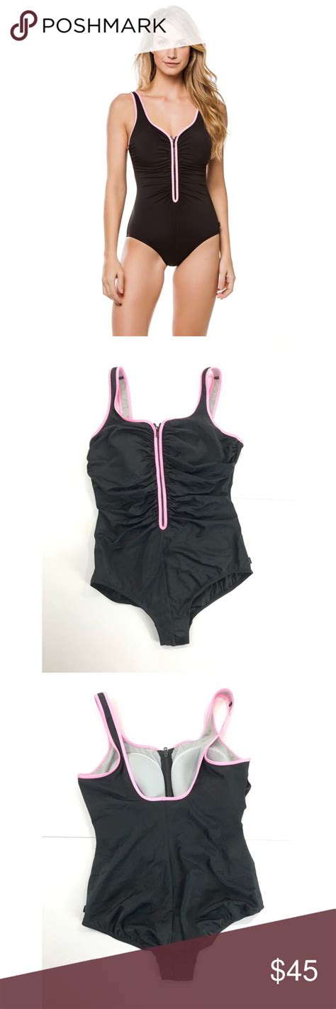 New Reebok Sz 18 Front Zip Swimsuit Black Pink Reebok Womens Size 18 Zip Front Over The Shoulder