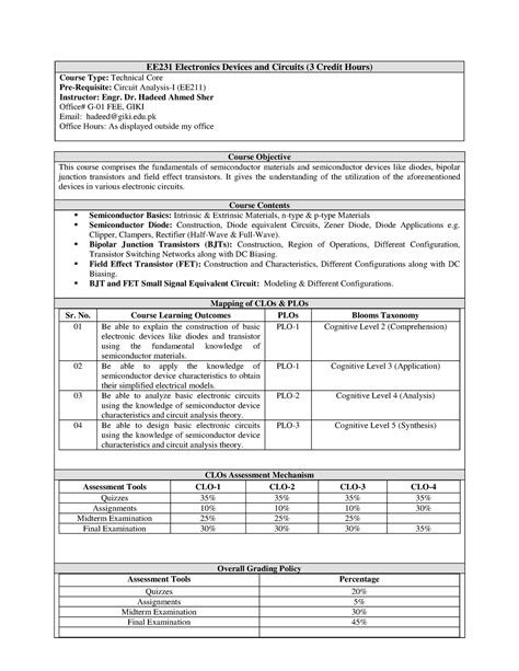 Course Outline Ee Ee Electronics Devices And Circuits