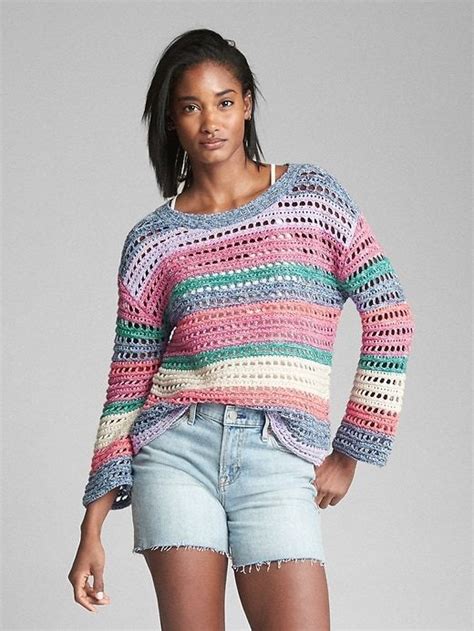 New Gap Women Striped Pink Teal Long Sleeve Crew Neck Crochet Sweater