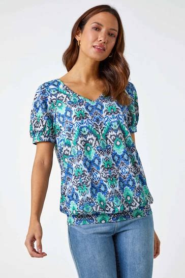 Buy Roman Blue Roman Patterned Burnout Print Blouson Hem Top From The