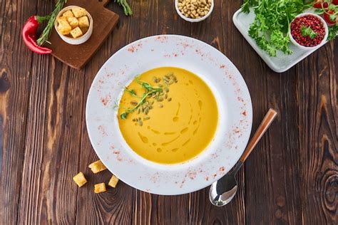 Premium Photo Organic Vegan Pumpkin Creme Soup On Wood Table With