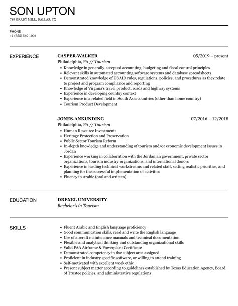 Tourism Resume Samples Velvet Jobs