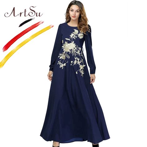 Artsu Navy Blue Elegant Runway Long Dress Autumn Winter Long Sleeve