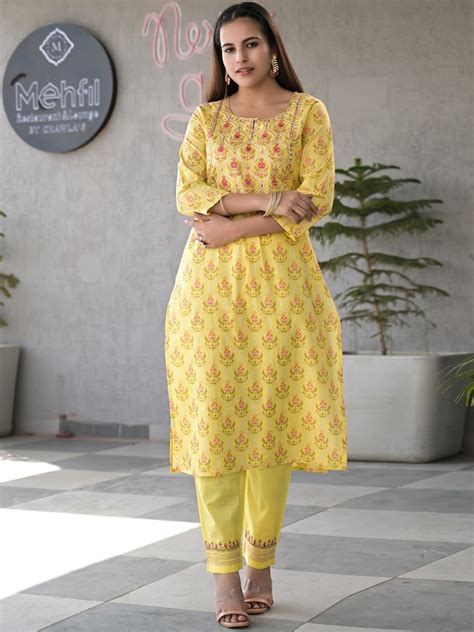 Buy Meeranshi Women Yellow Ethnic Motifs Printed Pure Cotton Kurta Set Kurta Sets For Women