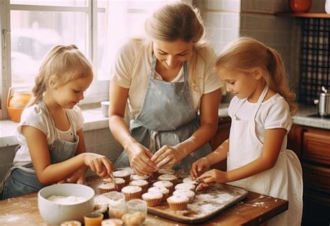 Premium Ai Image Mother And Daughters Kneading And Cooking Together