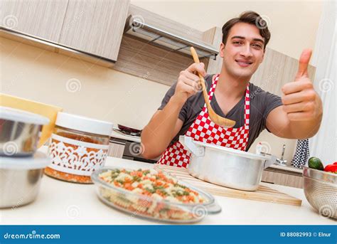 The Man Male Cook Preparing Food In Kitchen Stock Image Image Of