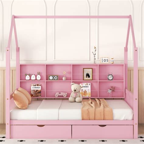 Wooden Full Size House Bed with 2 Drawers,Kids Bed with Storage Shelf ...