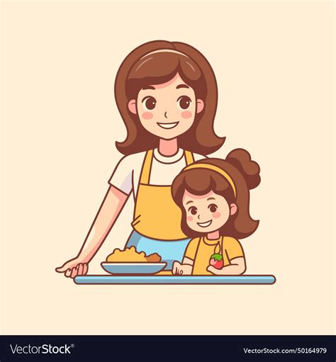 Mother And Daughter Cooking Together In A Flat Vector Image