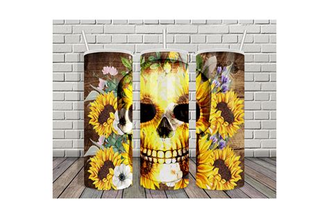 20oz Tumbler Sunflowers With Skulls Graphic By Ratipornkungdent