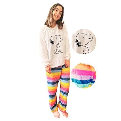 Conjunto de Pijama Feminino Pelúcia 2 Peças Calça e Blusa Snoopy Arco