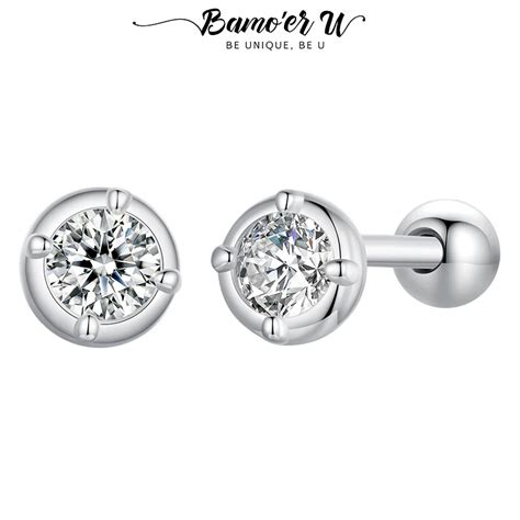 Bamoer U 0 1CT Moissanite Ear Studs Round Cut Lab Diamond Bezel