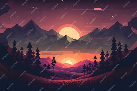 Premium AI Image | Simple cartoon of sunset in mountain illustration