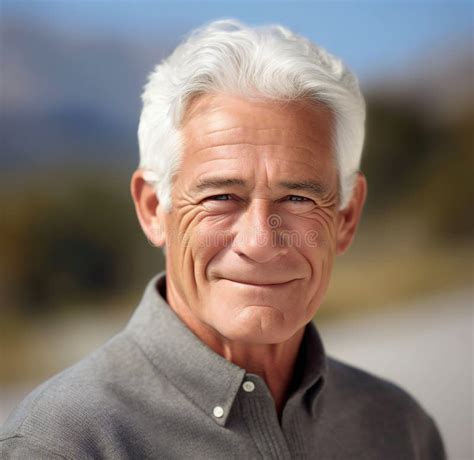 Portrait Of A Senior Man With Grey Hair Smiling In A Park Stock