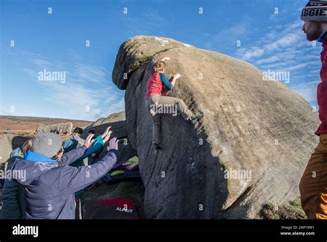 Bouldering In The Peak District Uk Stock Photo Alamy