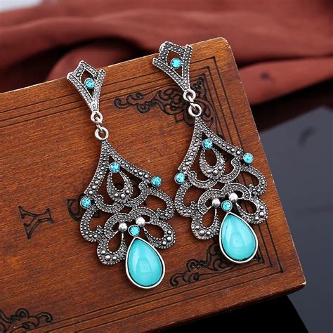 Ethnic Bohemian Turquoises Earring Women Teardrop Black Vein Antique