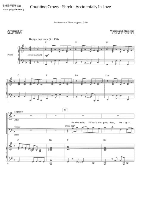 Counting Crows Shrek Accidentally In Love Sheet Music Pdf Free