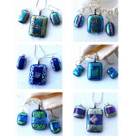 Dichroic Fused Glass Pendant Earring Set Silver Chain Choice