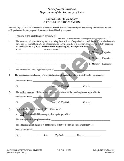 Raleigh North Carolina Articles Of Organization For Domestic Limited