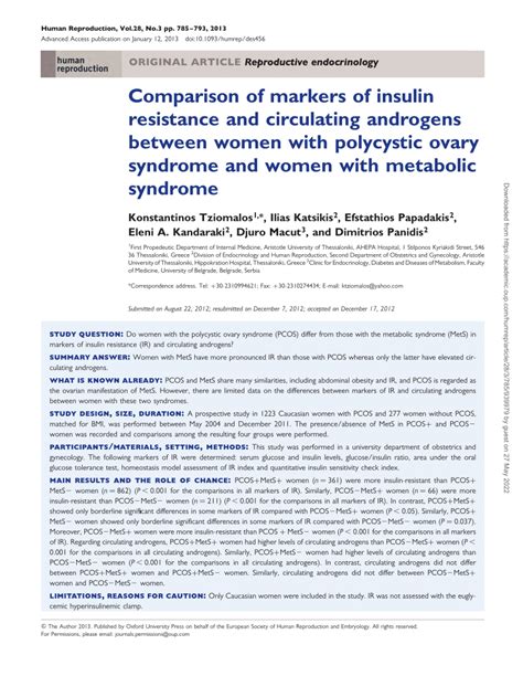 Pdf Comparison Of Markers Of Insulin Resistance And Circulating Androgens Between Women With