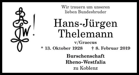 Traueranzeigen Von Hans J Rgen Thelemann Rz Trauer De