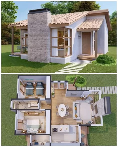 Two Pictures Of Small Houses In The Grass And One Has An Open Floor