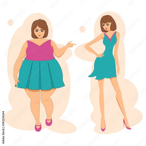 Cartoon Of Fat And Thin Woman Wearing Colorful Skirt Sleeveless Shirt