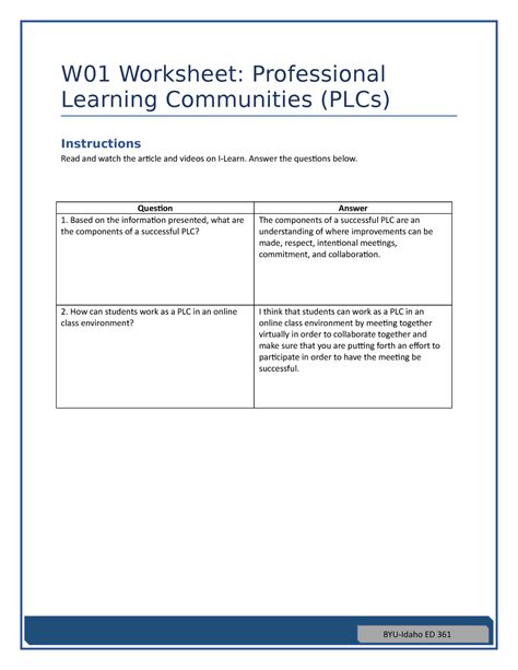 Ed361 Lecture Plc W01 Worksheet Professional Learning Communities Plcs Instructions Read