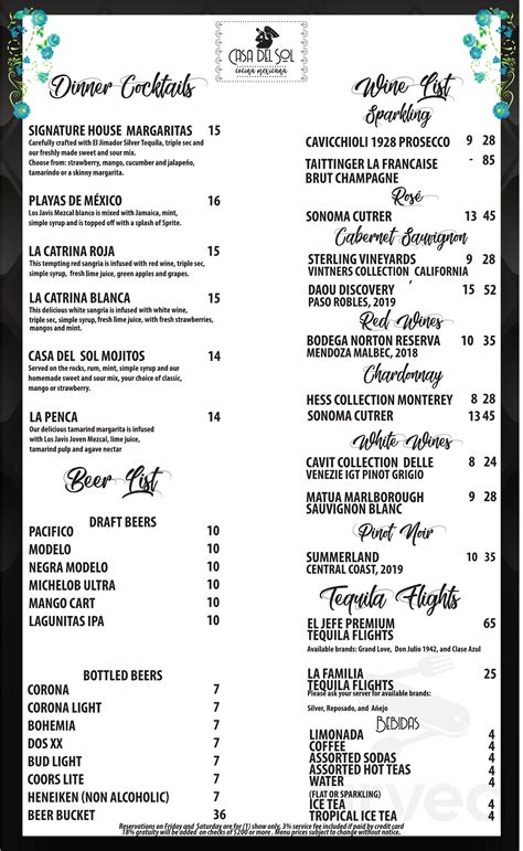 Casa Del Sol Cocina Mexicana Menu In Tustin California USA