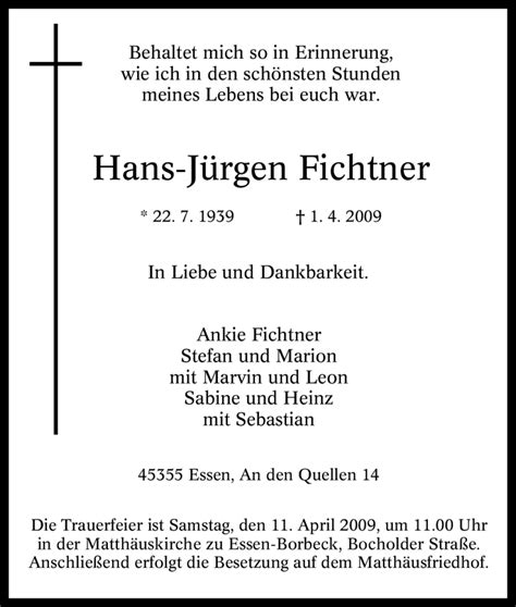 Traueranzeigen Von Hans J Rgen Fichtner Trauer In Nrw De