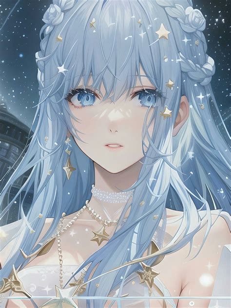 An Anime Character With Blue Hair And Stars On Her Head