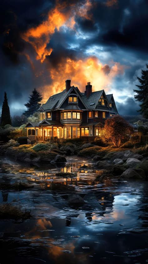 Free 4K HD Wallpaper: House, Windows, Light, Pond, Clouds, Evening