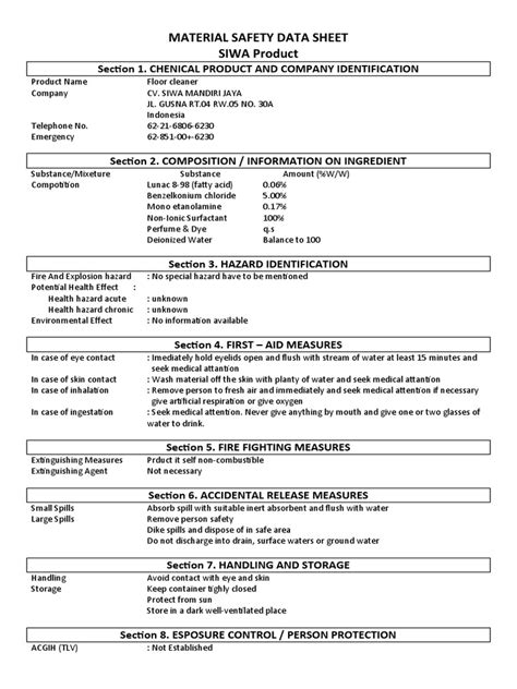 MATERIAL SAFETY DATA SHEET Floor Cleaner | PDF | Water | Materials