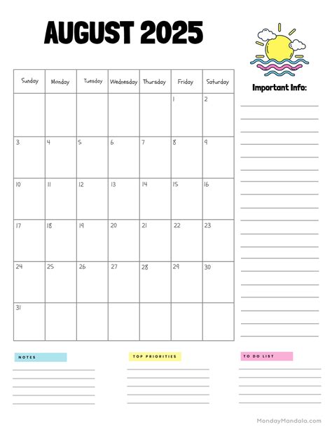 Printable August 2025 Calendar With Notes Printable Erena Jacenta