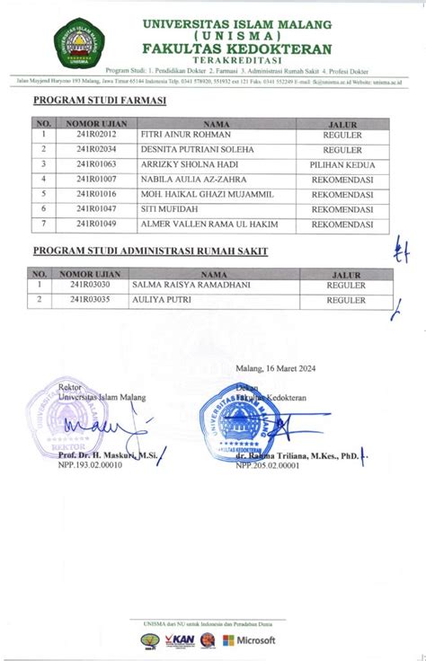 Pengumuman Hasil Seleksi Tes Kesehatan Gelombang Spmb Fk Unisma