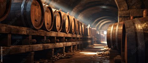 Perspective Of Vintage Wooden Barrels Stored In Wine Cellar Old Brown