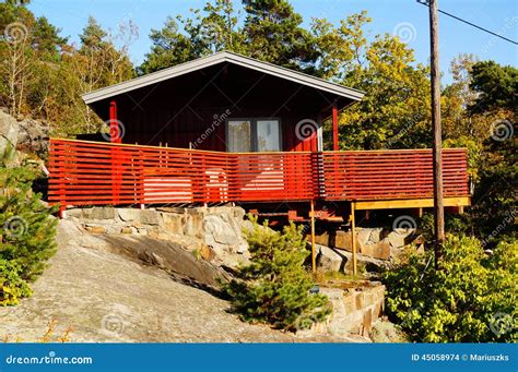 Red Wooden Hytte With Terrace Norway Stock Photo Image Of Fjord