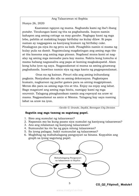 Filipino 5 Ikalawang Markahan – Modyul 1: Pagbibigay ng Mahahalagang ...