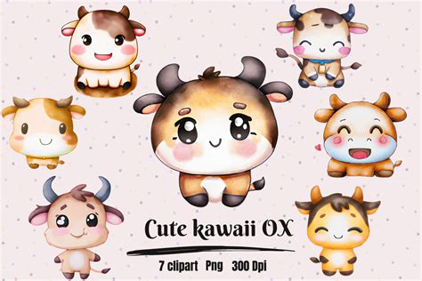 Watercolor Cute Kawaii Ox Clipart Graphic By Hamees Store · Creative Fabrica